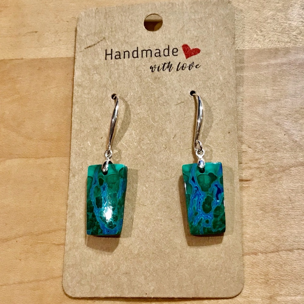 Outstanding Malachite Chrysocolla on Silver Plated Earrings